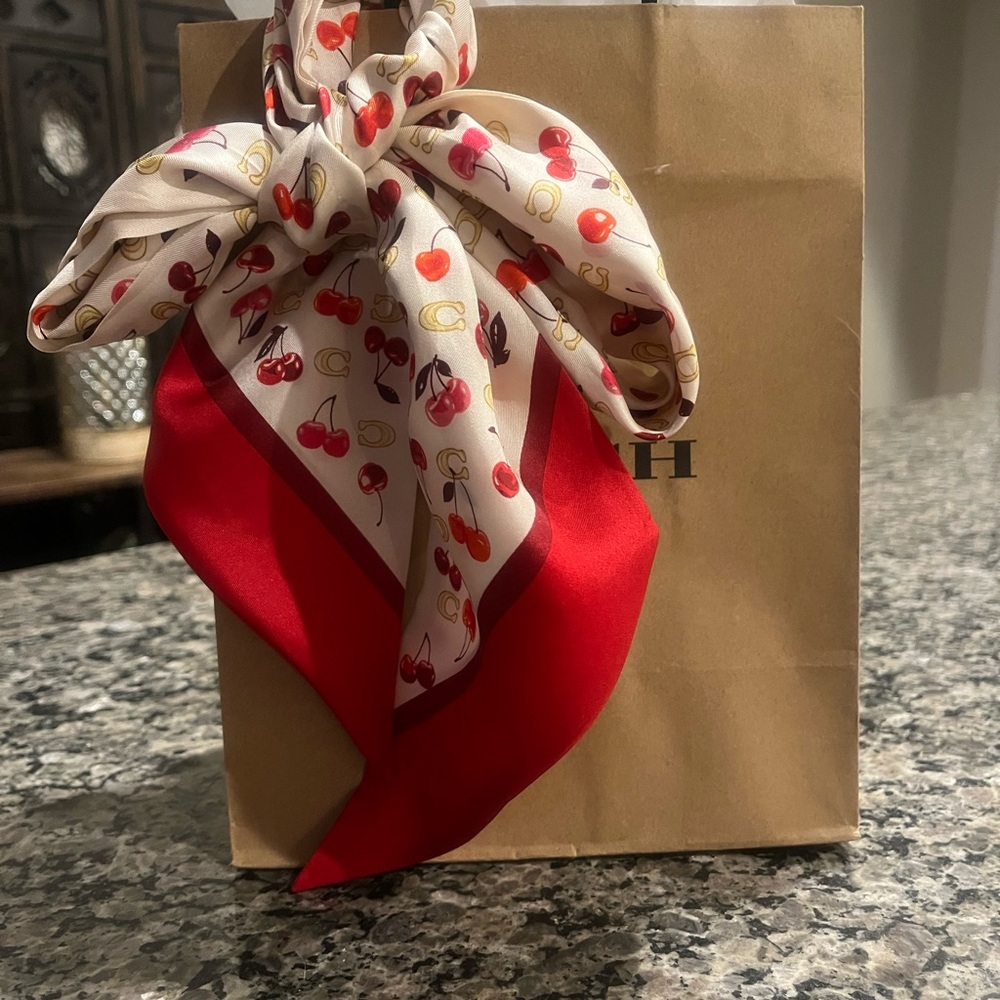 Coach Cherry Print Silk Twilly in Red and Cream - Picture 3 of 3